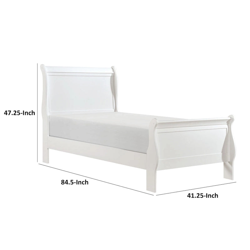 Lit double avec tête de lit à panneaux, design traîneau, finition bois blanc