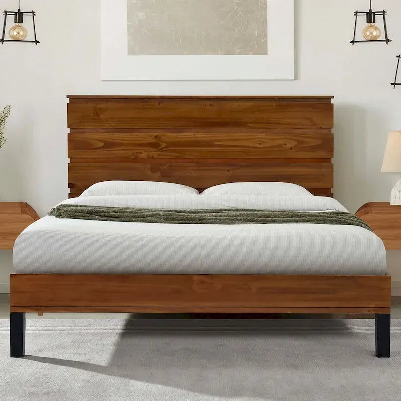 Lit plateforme king-size en bois massif avec tête de lit en six parties