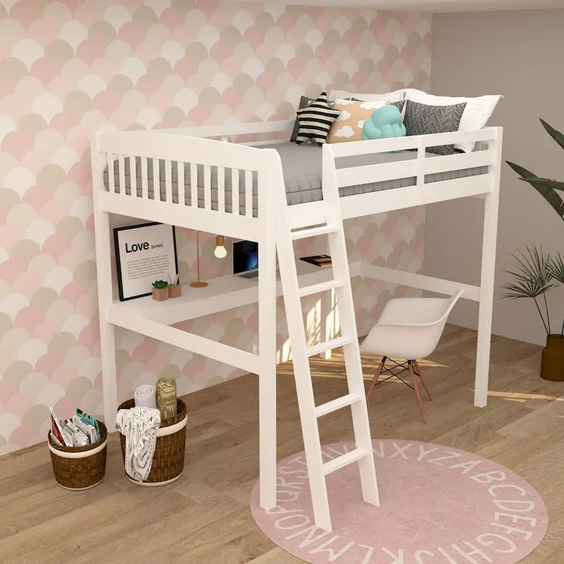 Lit mezzanine simple avec bureau, en bois massif
