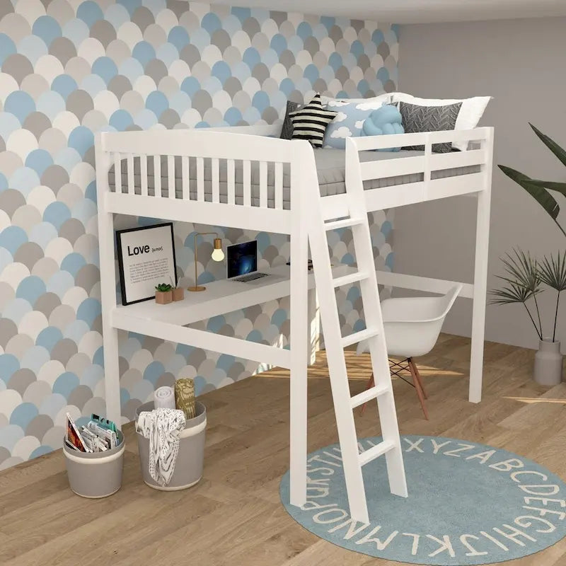 Lit mezzanine simple avec bureau, en bois massif