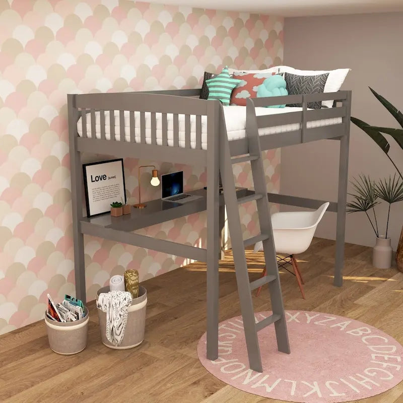 Lit mezzanine simple avec bureau, en bois massif
