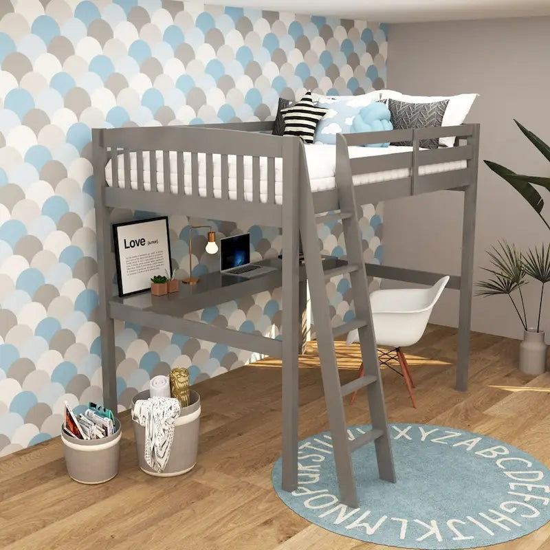 Lit mezzanine simple avec bureau, en bois massif