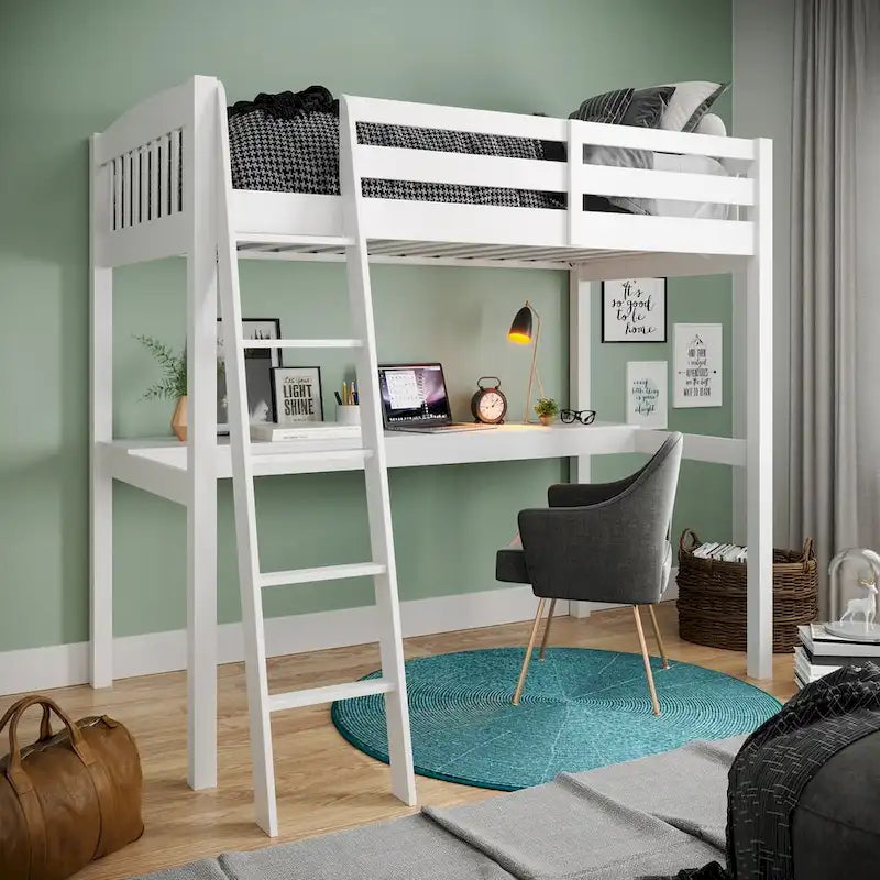 Lit mezzanine simple avec bureau, en bois massif