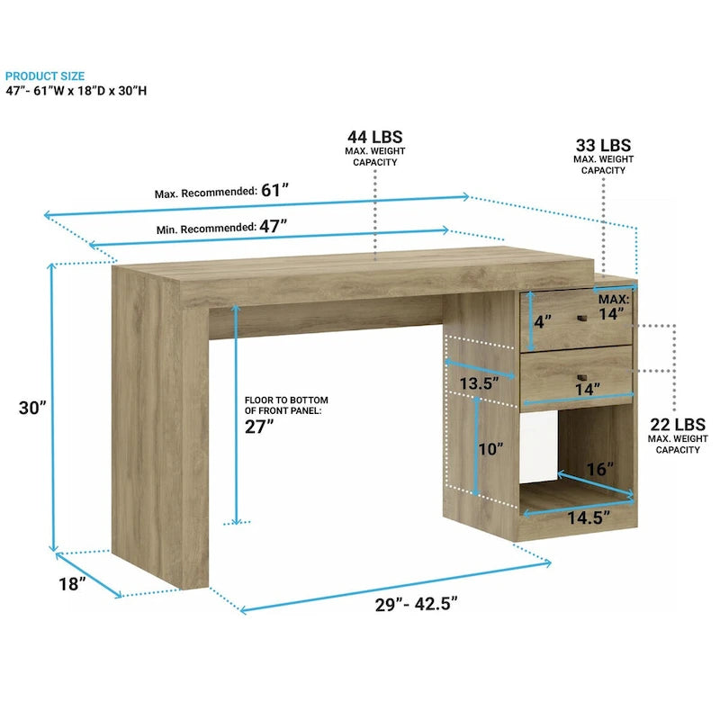 Bureau d'angle extensible de 119 à 155 cm de long pour bureau à domicile au design moderne