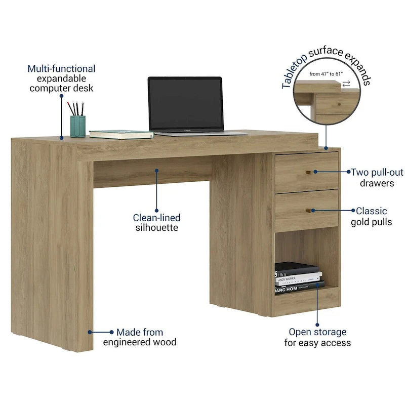 Bureau d'angle extensible de 119 à 155 cm de long pour bureau à domicile au design moderne