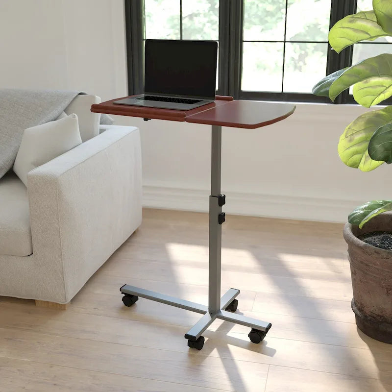 Table d'ordinateur portable mobile réglable en hauteur et en inclinaison avec plateau en cerisier