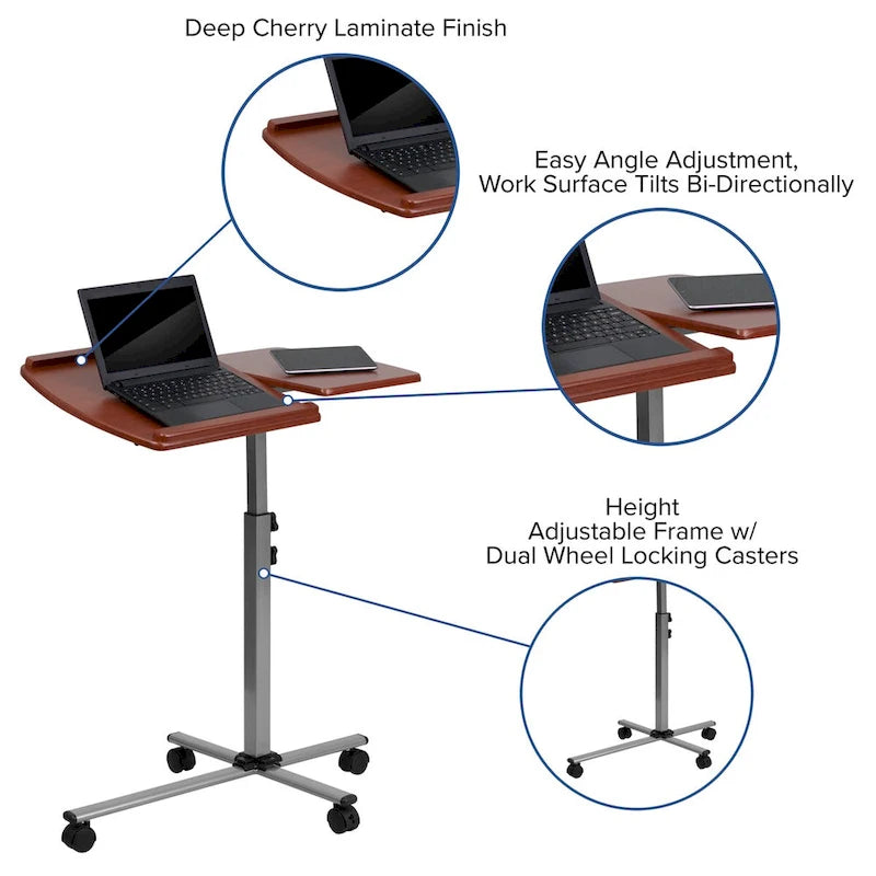Table d'ordinateur portable mobile réglable en hauteur et en inclinaison avec plateau en cerisier