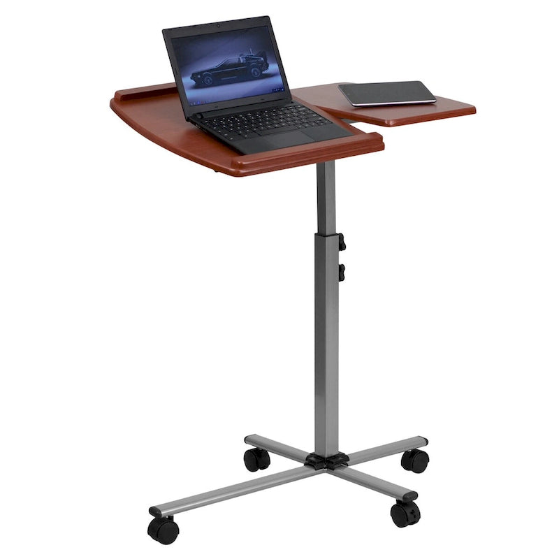 Table d'ordinateur portable mobile réglable en hauteur et en inclinaison avec plateau en cerisier