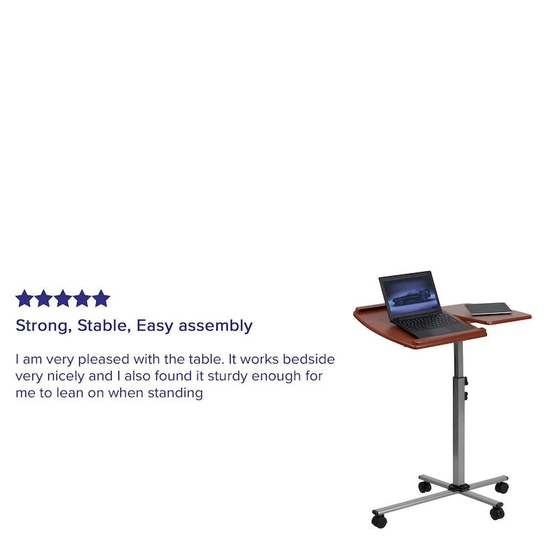 Table d'ordinateur portable mobile réglable en hauteur et en inclinaison avec plateau en cerisier