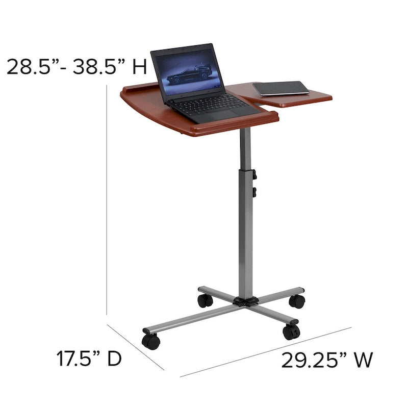 Table d'ordinateur portable mobile réglable en hauteur et en inclinaison avec plateau en cerisier