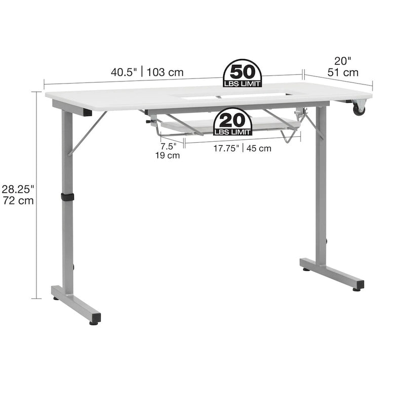 II Table de couture argent/blanc pliable portative à roulettes