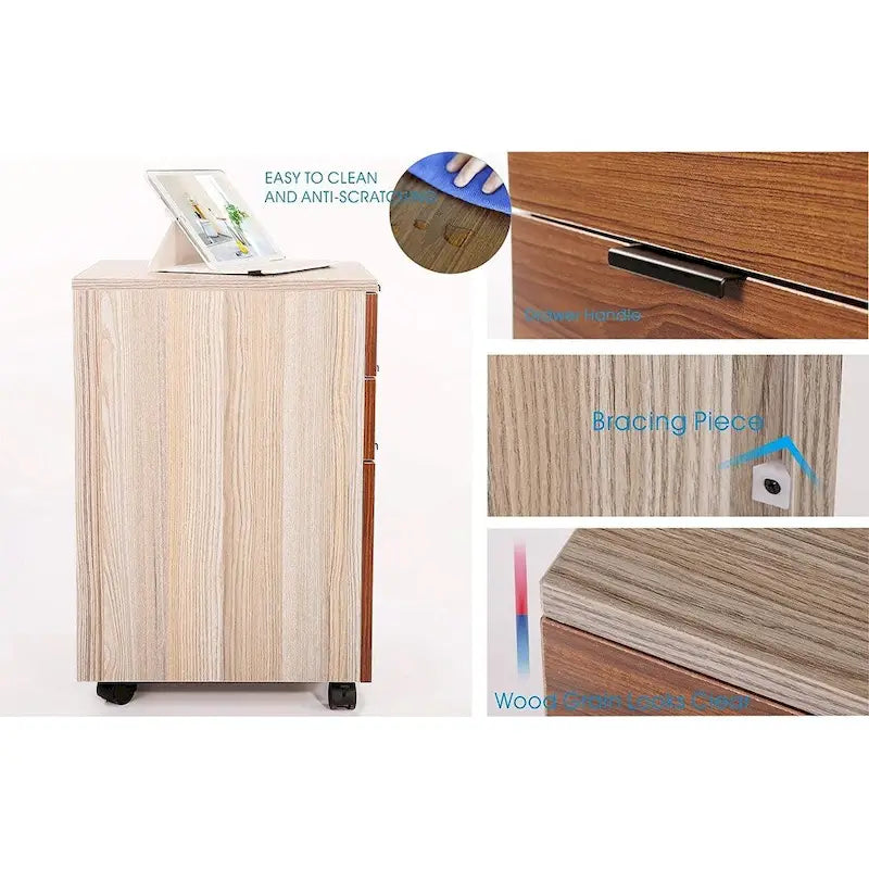 Classeur en bois à 3 tiroirs avec roulettes verrouillables pour documents A4 ou format Lettre