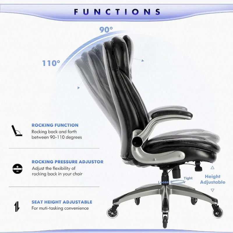 Chaise de bureau ergonomique pivotante et roulante avec accoudoirs rembourrés relevables, inclinaison réglable verrouillable pour travail et études d'adultes