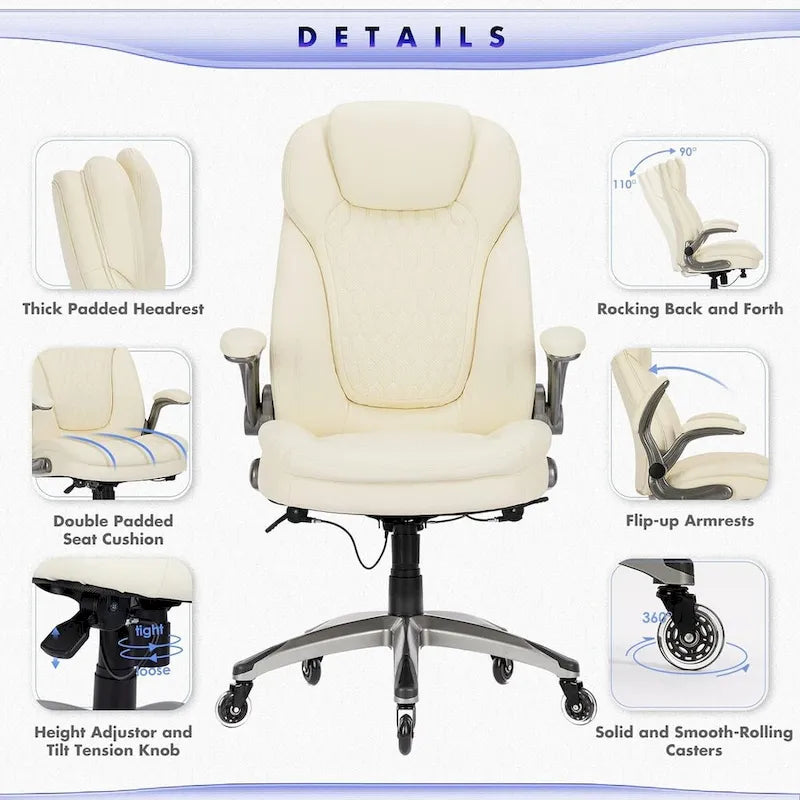 Chaise de bureau ergonomique pivotante et roulante avec accoudoirs rembourrés relevables, inclinaison réglable verrouillable pour travail et études d'adultes