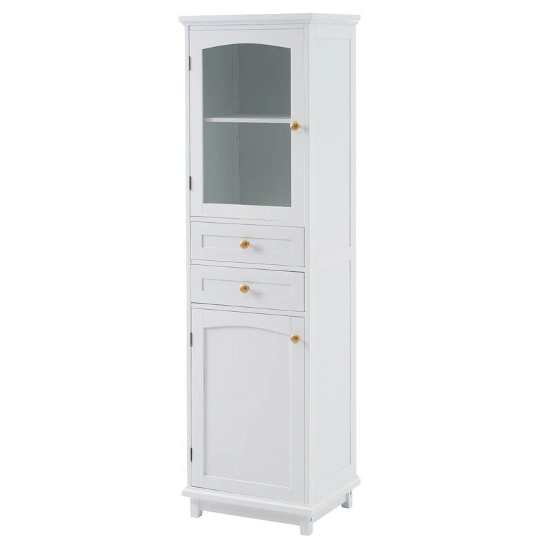 Meuble de rangement haut de salle de bain avec portes vitrées, meuble autoportant avec deux tiroirs