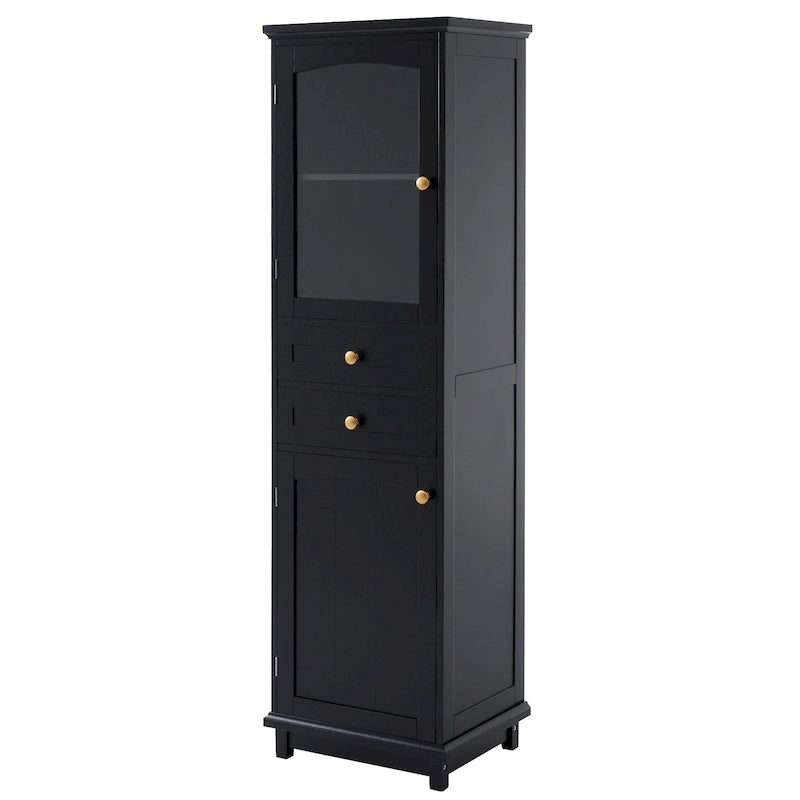 Meuble de rangement haut de salle de bain avec portes vitrées, meuble autoportant avec deux tiroirs