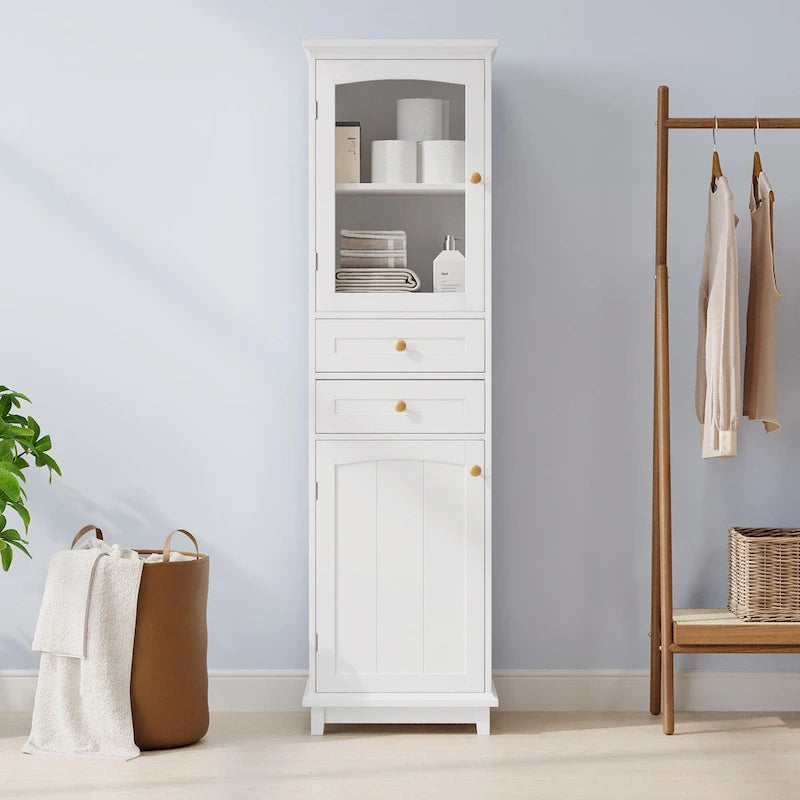 Meuble de rangement haut de salle de bain avec portes vitrées, meuble autoportant avec deux tiroirs