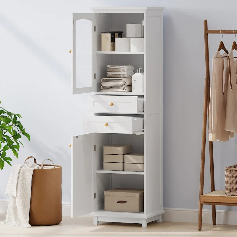 Meuble de rangement haut de salle de bain avec portes vitrées, meuble autoportant avec deux tiroirs