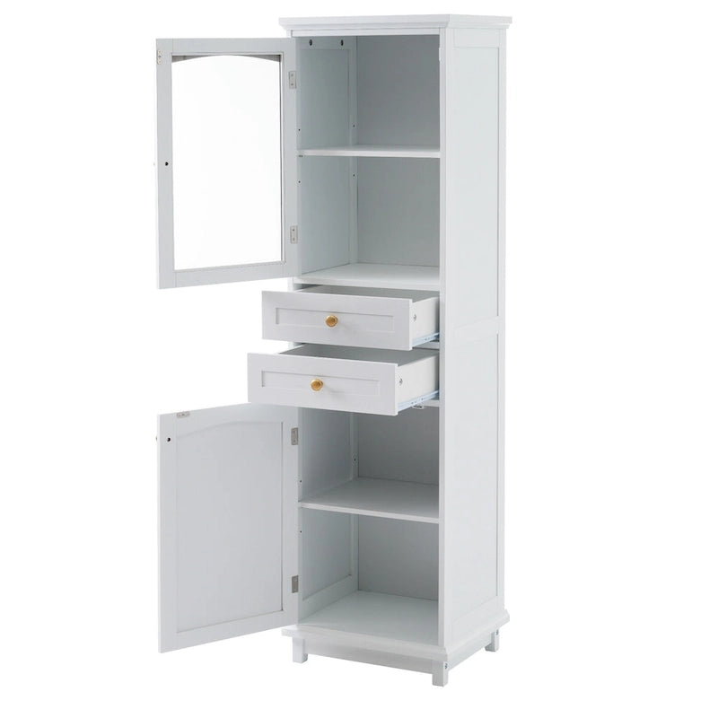 Meuble de rangement haut de salle de bain avec portes vitrées, meuble autoportant avec deux tiroirs