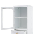 Meuble de rangement haut de salle de bain avec portes vitrées, meuble autoportant avec deux tiroirs