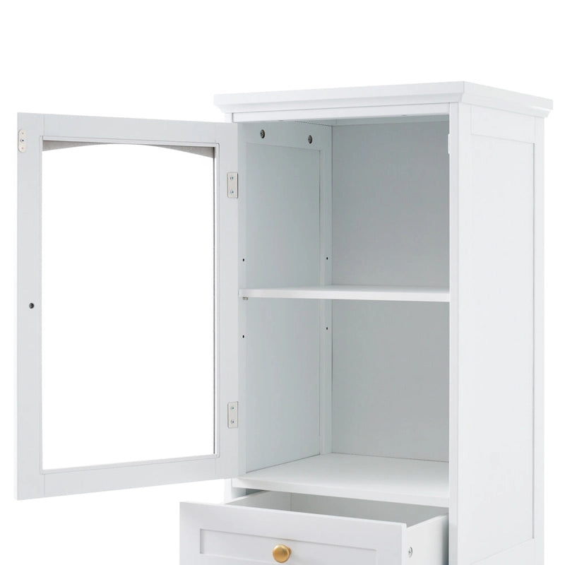 Meuble de rangement haut de salle de bain avec portes vitrées, meuble autoportant avec deux tiroirs