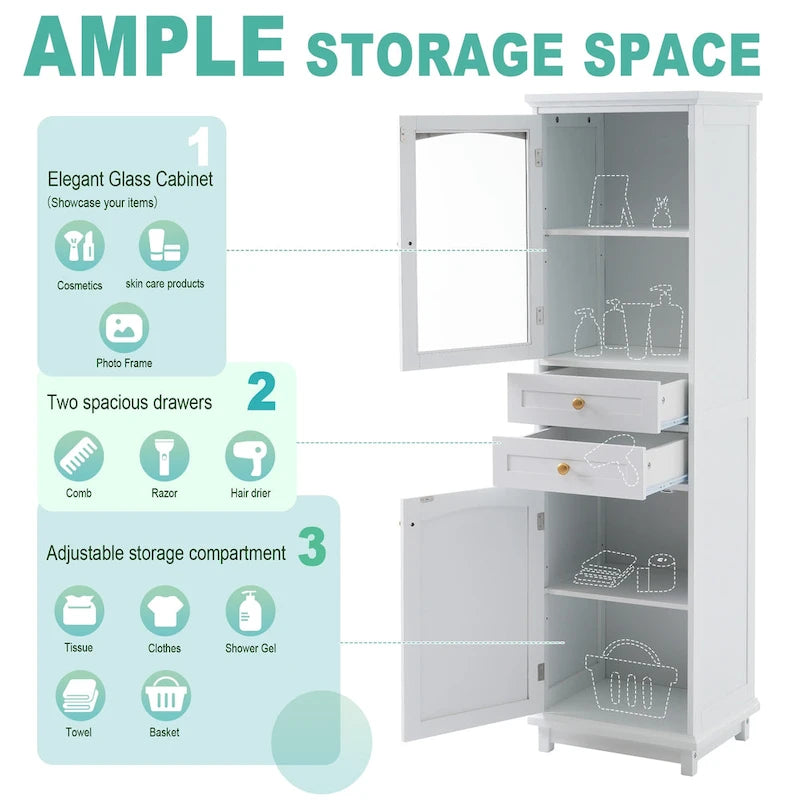 Meuble de rangement haut de salle de bain avec portes vitrées, meuble autoportant avec deux tiroirs