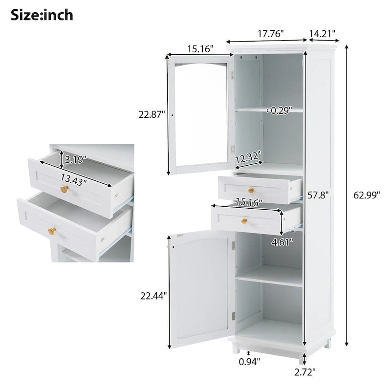 Meuble de rangement haut de salle de bain avec portes vitrées, meuble autoportant avec deux tiroirs