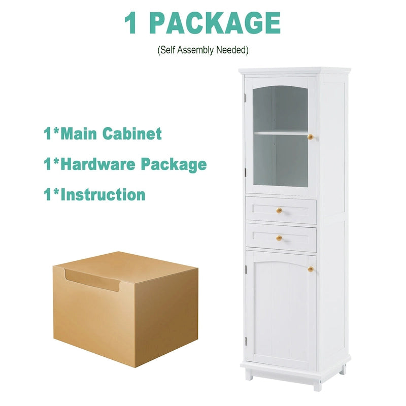Meuble de rangement haut de salle de bain avec portes vitrées, meuble autoportant avec deux tiroirs