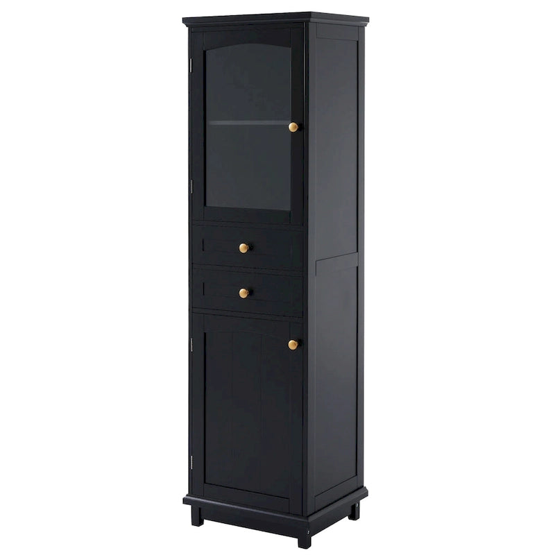Meuble de rangement haut de salle de bain avec portes vitrées, meuble autoportant avec deux tiroirs