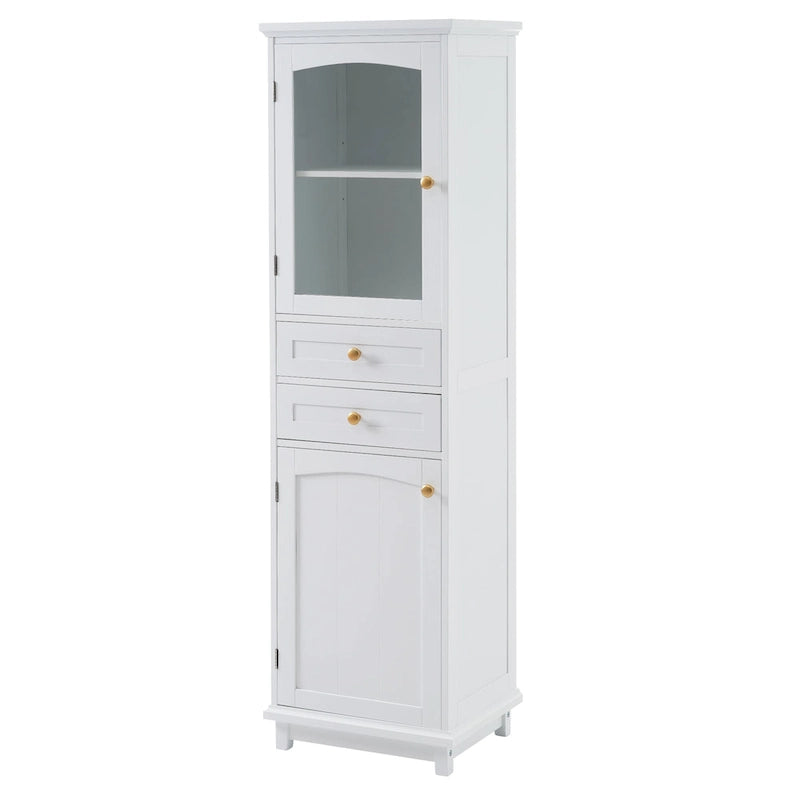 Meuble de rangement haut de salle de bain avec portes vitrées, meuble autoportant avec deux tiroirs
