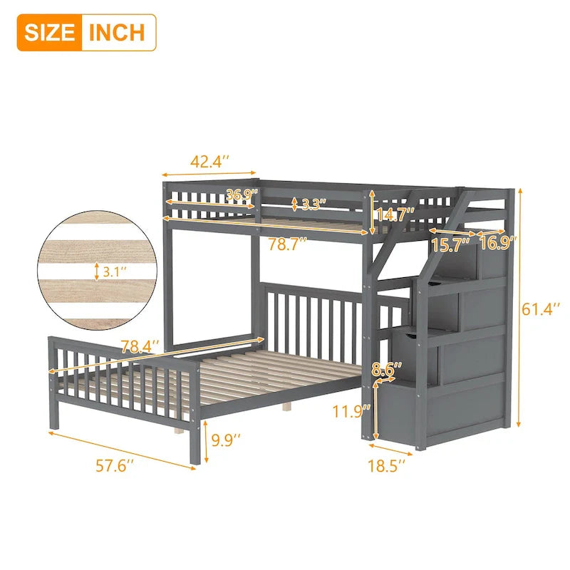 Lit mezzanine en bois double sur grand avec escalier, balustrades hautes et échelle