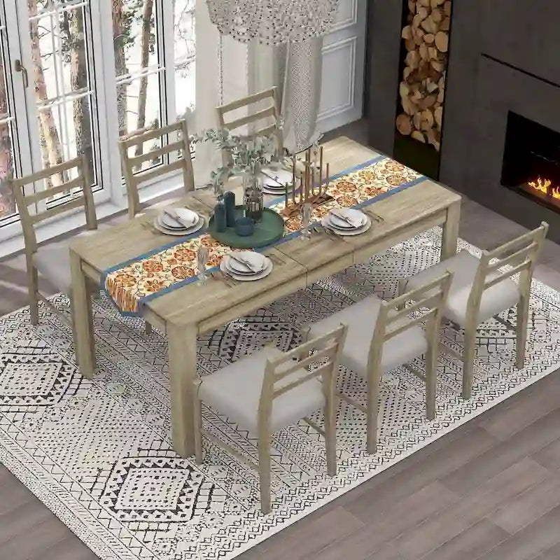 7 PCS Wooden Dining Table Set for 6 with Extendable Table
