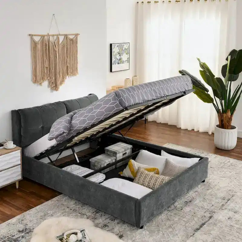 Lit plateforme rembourré de rangement Queen/King Size avec tête de lit