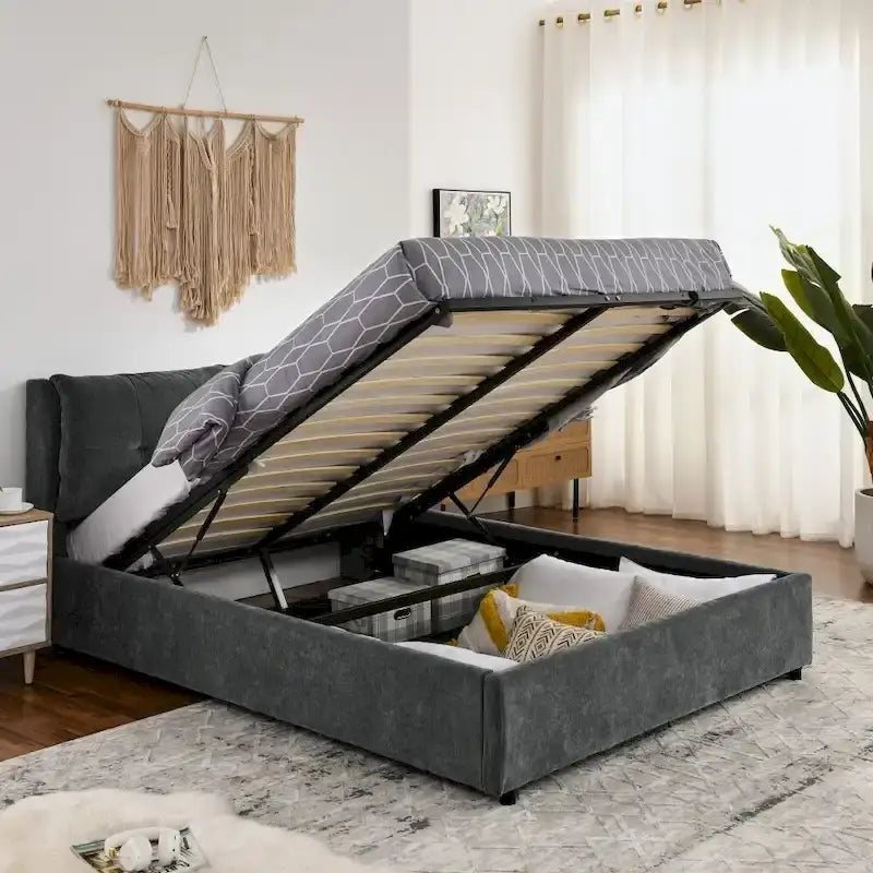 Lit plateforme rembourré de rangement Queen/King Size avec tête de lit