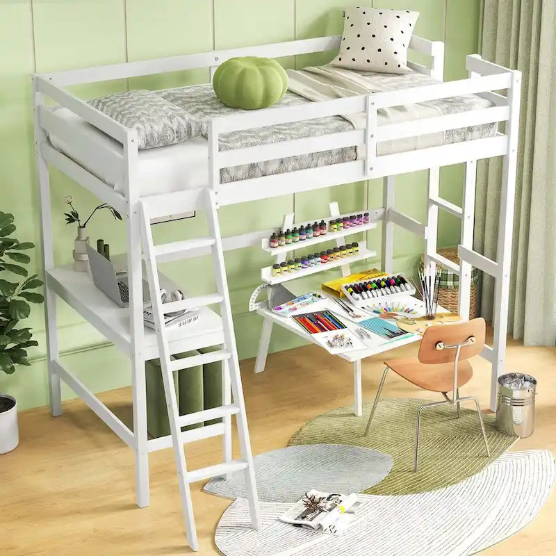 Lit mezzanine double avec bureau et étagère 2 échelles et garde-corps pour