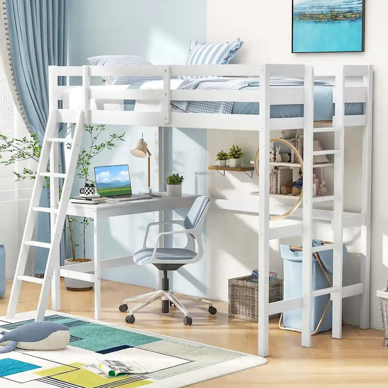 Lit mezzanine double avec bureau et étagère 2 échelles et garde-corps pour