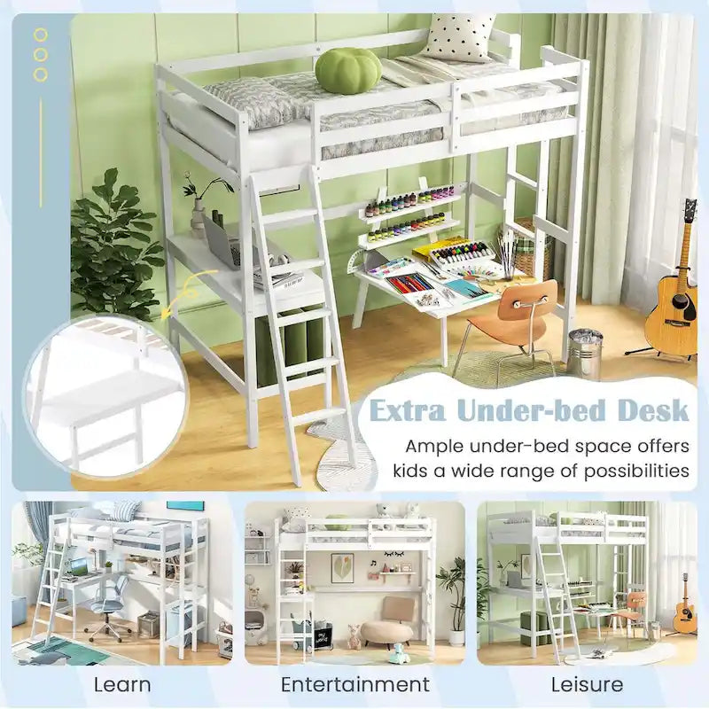 Lit mezzanine double avec bureau et étagère 2 échelles et garde-corps pour
