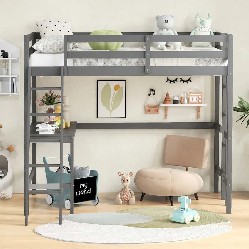 Lit mezzanine double avec bureau et étagère 2 échelles et garde-corps pour