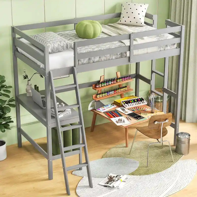Lit mezzanine double avec bureau et étagère 2 échelles et garde-corps pour