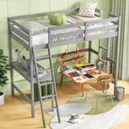 Lit mezzanine double avec bureau et étagère 2 échelles et garde-corps pour