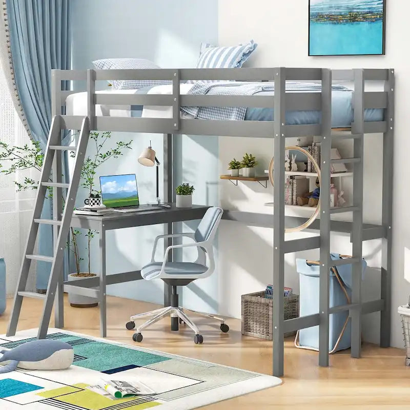 Lit mezzanine double avec bureau et étagère 2 échelles et garde-corps pour