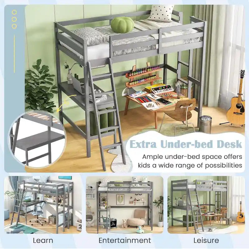Lit mezzanine double avec bureau et étagère 2 échelles et garde-corps pour