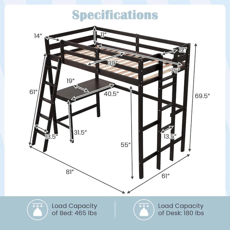 Lit mezzanine double avec bureau et étagère 2 échelles et garde-corps pour