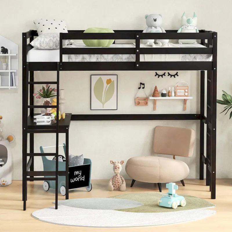 Lit mezzanine double avec bureau et étagère 2 échelles et garde-corps pour