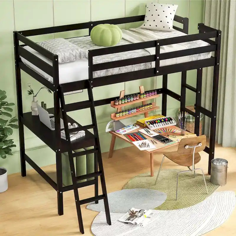 Lit mezzanine double avec bureau et étagère 2 échelles et garde-corps pour