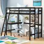 Lit mezzanine double avec bureau et étagère 2 échelles et garde-corps pour