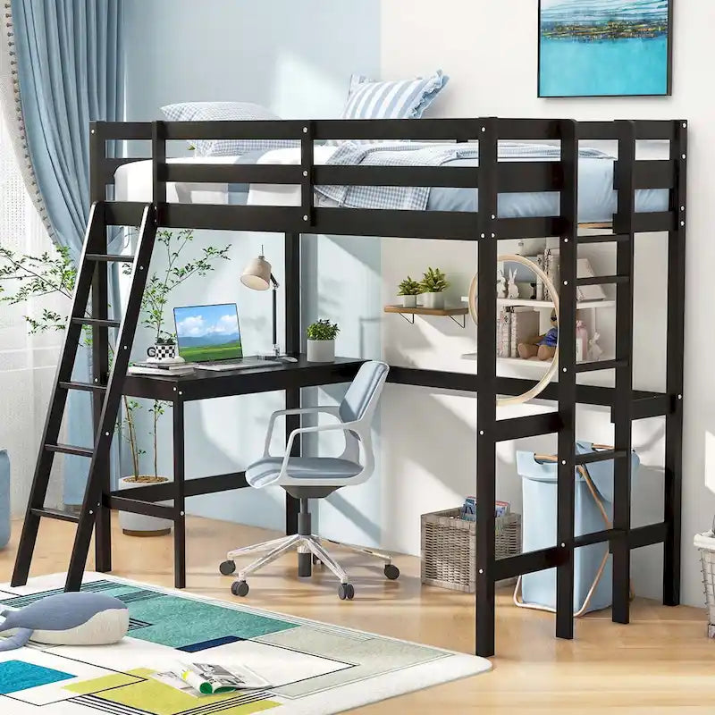 Lit mezzanine double avec bureau et étagère 2 échelles et garde-corps pour