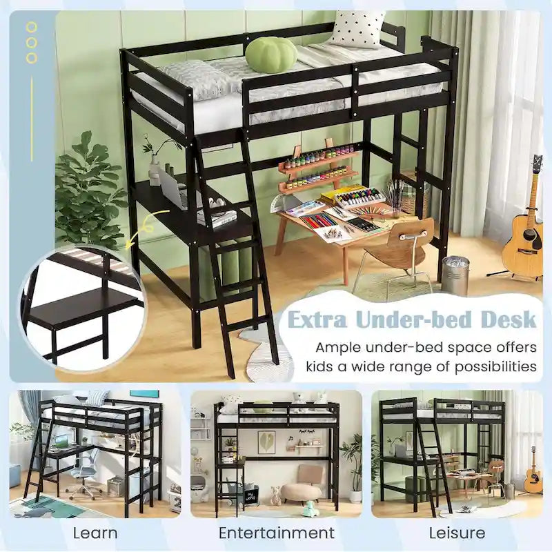 Lit mezzanine double avec bureau et étagère 2 échelles et garde-corps pour