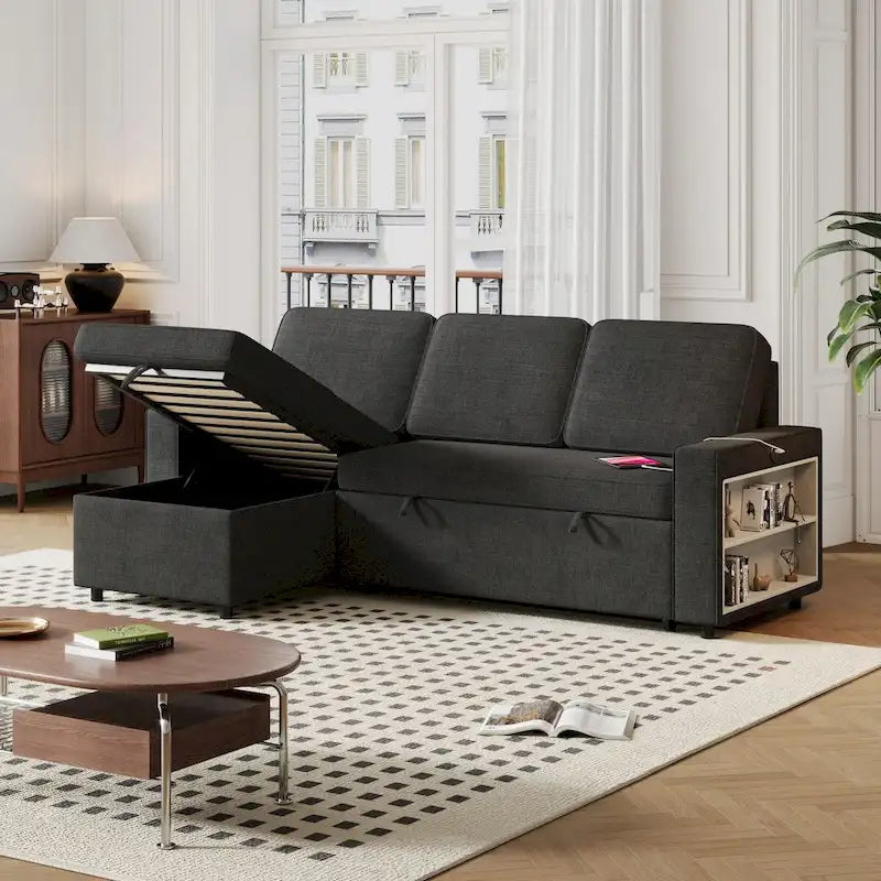 Canapé-lit gigogne Oaks Aura de 217,9 cm, Canapé d'angle avec port USB, Canapé-lit convertible avec étagères de rangement