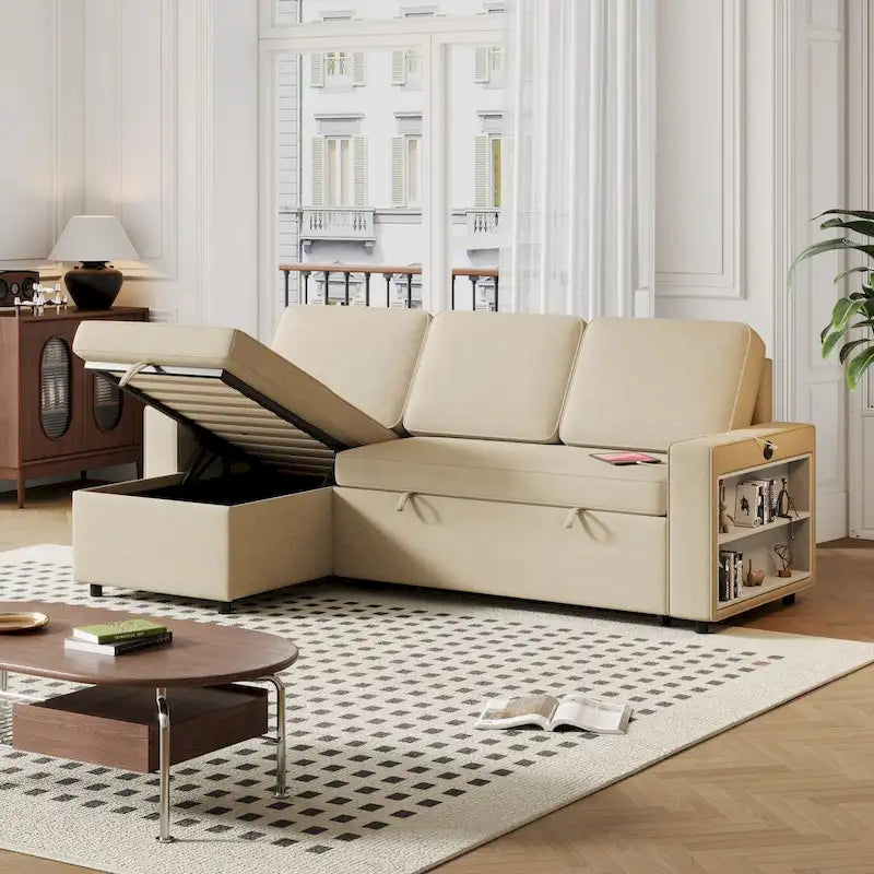 Canapé-lit gigogne Oaks Aura de 217,9 cm, Canapé d'angle avec port USB, Canapé-lit convertible avec étagères de rangement